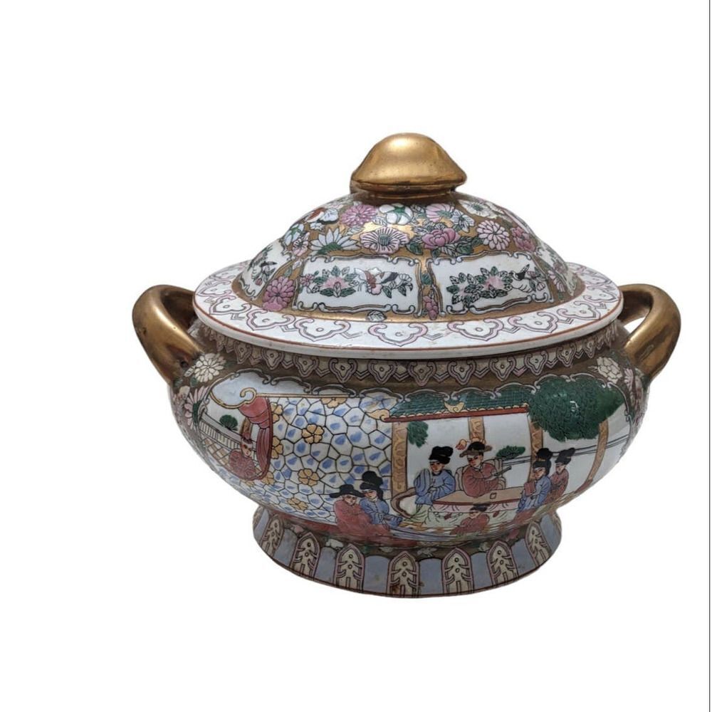 Antique Chinese Canton Famille Rose Porcelain Tureen Lid Antique Handpainted‎